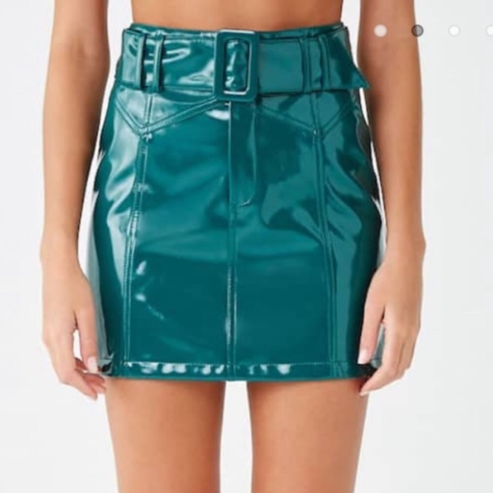 F21 Green patent leather mini skirt